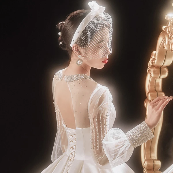 Victorian Style Ivory See-through Bridal Wedding Dresses 2021 Ball Gown High Neck Puffy Long Sleeve Backless Beading Pearl Rhinestone Cathedral Train Ruffle