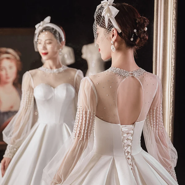 Victorian Style Ivory See-through Bridal Wedding Dresses 2021 Ball Gown High Neck Puffy Long Sleeve Backless Beading Pearl Rhinestone Cathedral Train Ruffle