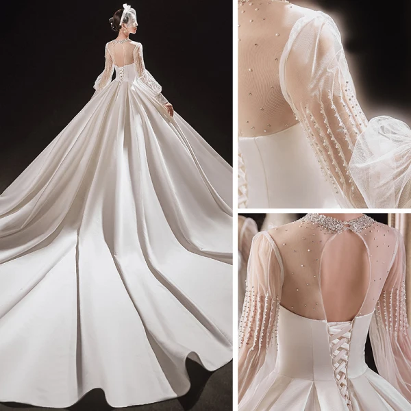 Victorian Style Ivory See-through Bridal Wedding Dresses 2021 Ball Gown High Neck Puffy Long Sleeve Backless Beading Pearl Rhinestone Cathedral Train Ruffle