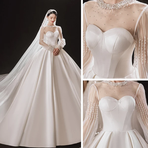 Victorian Style Ivory See-through Bridal Wedding Dresses 2021 Ball Gown High Neck Puffy Long Sleeve Backless Beading Pearl Rhinestone Cathedral Train Ruffle