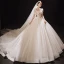 Vintage / Retro Champagne Bridal Wedding Dresses 2021 Ball Gown Square Neckline Short Sleeve Backless Beading Glitter Tulle Cathedral Train Ruffle