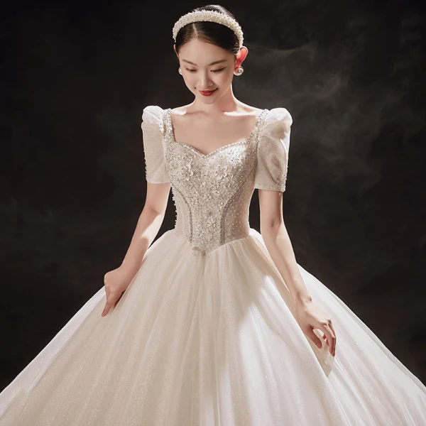 Vintage / Retro Champagne Bridal Wedding Dresses 2021 Ball Gown Square Neckline Short Sleeve Backless Beading Glitter Tulle Cathedral Train Ruffle