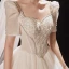 Vintage / Retro Champagne Bridal Wedding Dresses 2021 Ball Gown Square Neckline Short Sleeve Backless Beading Glitter Tulle Cathedral Train Ruffle