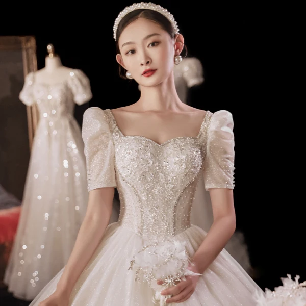 Vintage / Retro Champagne Bridal Wedding Dresses 2021 Ball Gown Square Neckline Short Sleeve Backless Beading Glitter Tulle Cathedral Train Ruffle