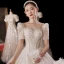 Vintage / Retro Champagne Bridal Wedding Dresses 2021 Ball Gown Square Neckline Short Sleeve Backless Beading Glitter Tulle Cathedral Train Ruffle