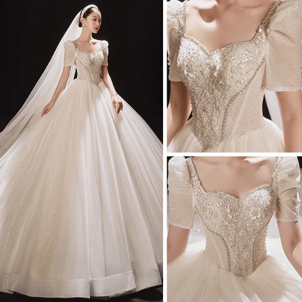 Vintage / Retro Champagne Bridal Wedding Dresses 2021 Ball Gown Square Neckline Short Sleeve Backless Beading Glitter Tulle Cathedral Train Ruffle