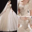Vintage / Retro Champagne Bridal Wedding Dresses 2021 Ball Gown Square Neckline Short Sleeve Backless Beading Glitter Tulle Cathedral Train Ruffle
