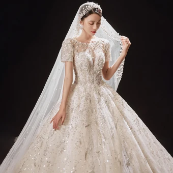 Luxury Gorgeous Champagne Bridal Wedding Dresses 2021 Ball Gown See Through Scoop Neck Short Sleeve Backless Appliques Flower Beading Glitter Tulle Cathedral Train Ruffle