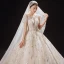 Luxury / Gorgeous Champagne Bridal Wedding Dresses 2021 Ball Gown See-through Scoop Neck Short Sleeve Backless Appliques Flower Beading Glitter Tulle Cathedral Train Ruffle