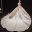 Luxury / Gorgeous Champagne Bridal Wedding Dresses 2021 Ball Gown See-through Scoop Neck Short Sleeve Backless Appliques Flower Beading Glitter Tulle Cathedral Train Ruffle