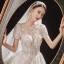 Luxury / Gorgeous Champagne Bridal Wedding Dresses 2021 Ball Gown See-through Scoop Neck Short Sleeve Backless Appliques Flower Beading Glitter Tulle Cathedral Train Ruffle