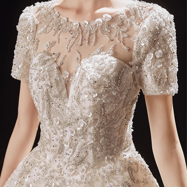Luxury / Gorgeous Champagne Bridal Wedding Dresses 2021 Ball Gown See-through Scoop Neck Short Sleeve Backless Appliques Flower Beading Glitter Tulle Cathedral Train Ruffle