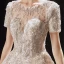 Luxury / Gorgeous Champagne Bridal Wedding Dresses 2021 Ball Gown See-through Scoop Neck Short Sleeve Backless Appliques Flower Beading Glitter Tulle Cathedral Train Ruffle