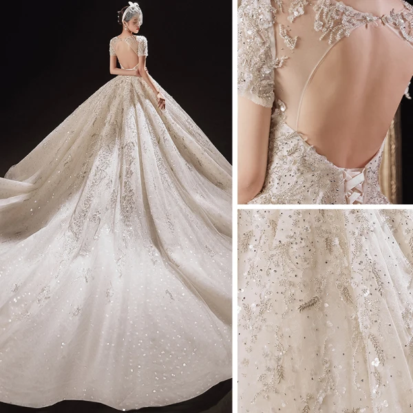 Luxury / Gorgeous Champagne Bridal Wedding Dresses 2021 Ball Gown See-through Scoop Neck Short Sleeve Backless Appliques Flower Beading Glitter Tulle Cathedral Train Ruffle