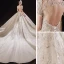 Luxury / Gorgeous Champagne Bridal Wedding Dresses 2021 Ball Gown See-through Scoop Neck Short Sleeve Backless Appliques Flower Beading Glitter Tulle Cathedral Train Ruffle