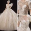 Luxury / Gorgeous Champagne Bridal Wedding Dresses 2021 Ball Gown See-through Scoop Neck Short Sleeve Backless Appliques Flower Beading Glitter Tulle Cathedral Train Ruffle