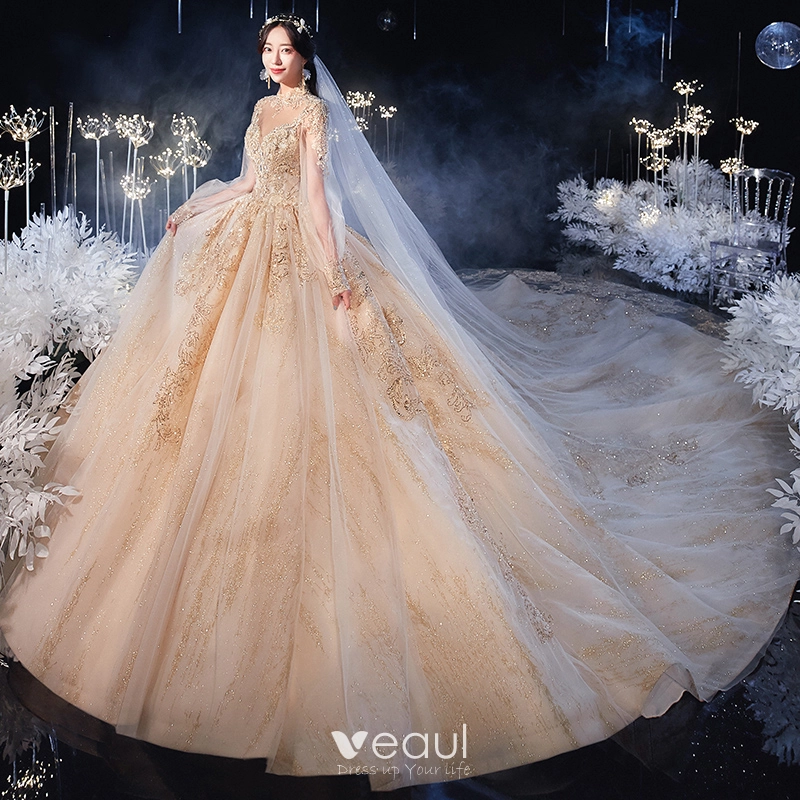 Vintage / Retro Champagne Bridal Wedding Dresses 2021 Ball Gown See-through  High Neck Puffy Long Sleeve Backless Appliques Lace Beading Glitter Tulle  Royal Train Ruffle