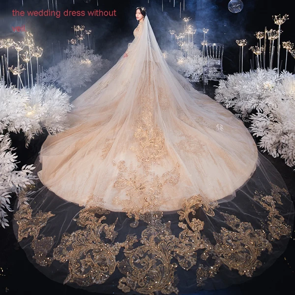 Vintage / Retro Champagne Bridal Wedding Dresses 2021 Ball Gown See-through High Neck Puffy Long Sleeve Backless Appliques Lace Beading Glitter Tulle Royal Train Ruffle