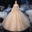Vintage / Retro Champagne Bridal Wedding Dresses 2021 Ball Gown See-through High Neck Puffy Long Sleeve Backless Appliques Lace Beading Glitter Tulle Royal Train Ruffle