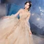 Vintage / Retro Champagne Bridal Wedding Dresses 2021 Ball Gown See-through High Neck Puffy Long Sleeve Backless Appliques Lace Beading Glitter Tulle Royal Train Ruffle