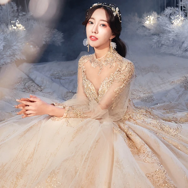 Vintage / Retro Champagne Bridal Wedding Dresses 2021 Ball Gown See-through High Neck Puffy Long Sleeve Backless Appliques Lace Beading Glitter Tulle Royal Train Ruffle