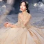 Vintage / Retro Champagne Bridal Wedding Dresses 2021 Ball Gown See-through High Neck Puffy Long Sleeve Backless Appliques Lace Beading Glitter Tulle Royal Train Ruffle