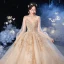 Vintage / Retro Champagne Bridal Wedding Dresses 2021 Ball Gown See-through High Neck Puffy Long Sleeve Backless Appliques Lace Beading Glitter Tulle Royal Train Ruffle