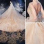 Vintage / Retro Champagne Bridal Wedding Dresses 2021 Ball Gown See-through High Neck Puffy Long Sleeve Backless Appliques Lace Beading Glitter Tulle Royal Train Ruffle