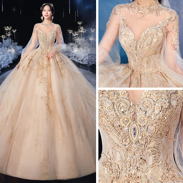 Vintage / Retro Champagne Bridal Wedding Dresses 2021 Ball Gown See-through High Neck Puffy Long Sleeve Backless Appliques Lace Beading Glitter Tulle Royal Train Ruffle
