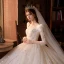 Vintage / Retro Champagne Bridal Wedding Dresses 2021 Ball Gown Square Neckline 3/4 Sleeve Backless Beading Sequins Glitter Tulle Cathedral Train Ruffle