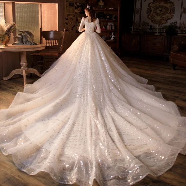 Vintage / Retro Champagne Bridal Wedding Dresses 2021 Ball Gown Square Neckline 3/4 Sleeve Backless Beading Sequins Glitter Tulle Cathedral Train Ruffle