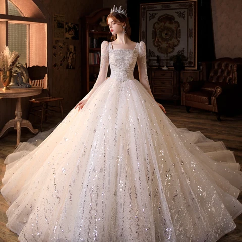 Vintage Champagner Hochzeits Brautkleider / Hochzeitskleider 2021 Ballkleid Eckiger Ausschnitt 3/4 Ärmel Rückenfreies Perlenstickerei Pailletten Glanz Tülle Kathedrale Schleppe Rüschen