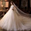 Vintage / Retro Champagne Bridal Wedding Dresses 2021 Ball Gown Square Neckline 3/4 Sleeve Backless Beading Sequins Glitter Tulle Cathedral Train Ruffle