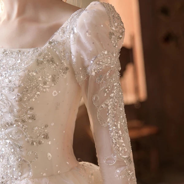 Vintage / Retro Champagne Bridal Wedding Dresses 2021 Ball Gown Square Neckline 3/4 Sleeve Backless Beading Sequins Glitter Tulle Cathedral Train Ruffle