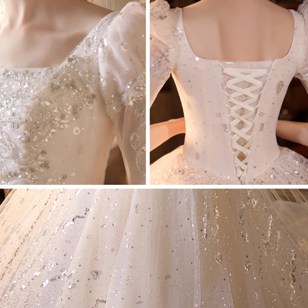 Vintage / Retro Champagne Bridal Wedding Dresses 2021 Ball Gown Square Neckline 3/4 Sleeve Backless Beading Sequins Glitter Tulle Cathedral Train Ruffle