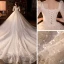 Vintage / Retro Champagne Bridal Wedding Dresses 2021 Ball Gown Square Neckline 3/4 Sleeve Backless Beading Sequins Glitter Tulle Cathedral Train Ruffle