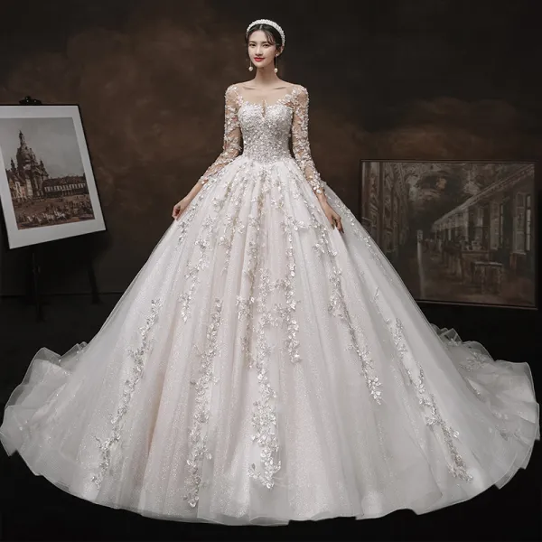 Charming Champagne Handmade  Bridal Wedding Dresses 2021 Ball Gown See-through Scoop Neck Long Sleeve Backless Appliques Lace Beading Glitter Tulle Cathedral Train Ruffle