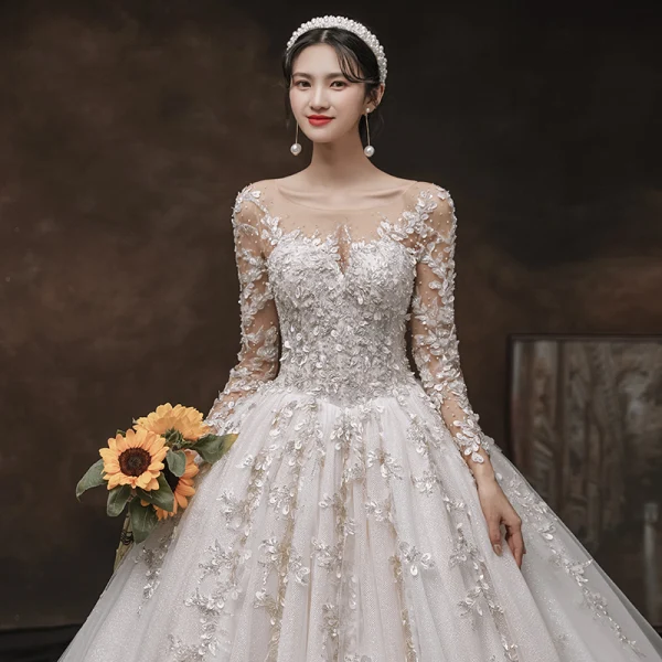 Charming Champagne Handmade  Bridal Wedding Dresses 2021 Ball Gown See-through Scoop Neck Long Sleeve Backless Appliques Lace Beading Glitter Tulle Cathedral Train Ruffle