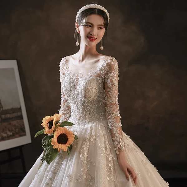 Charming Champagne Handmade  Bridal Wedding Dresses 2021 Ball Gown See-through Scoop Neck Long Sleeve Backless Appliques Lace Beading Glitter Tulle Cathedral Train Ruffle