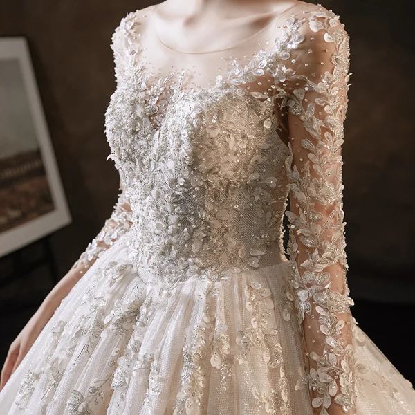 Charming Champagne Handmade  Bridal Wedding Dresses 2021 Ball Gown See-through Scoop Neck Long Sleeve Backless Appliques Lace Beading Glitter Tulle Cathedral Train Ruffle