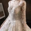 Charming Champagne Handmade  Bridal Wedding Dresses 2021 Ball Gown See-through Scoop Neck Long Sleeve Backless Appliques Lace Beading Glitter Tulle Cathedral Train Ruffle