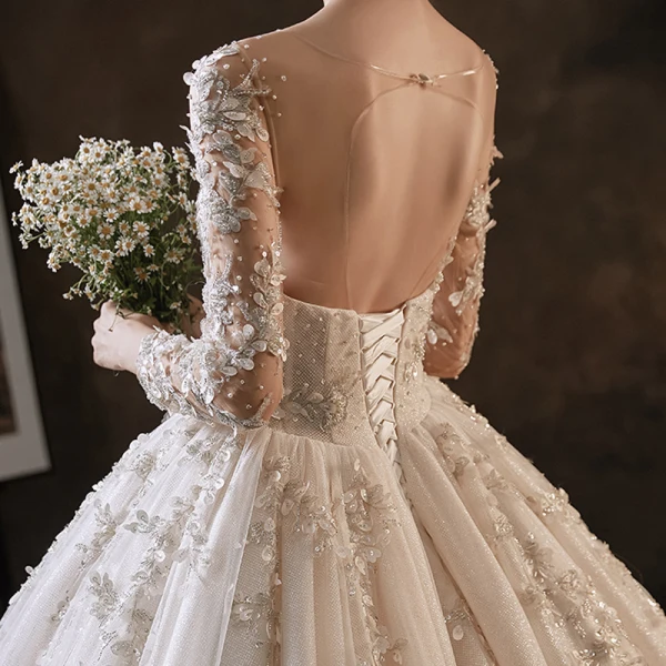 Charming Champagne Handmade  Bridal Wedding Dresses 2021 Ball Gown See-through Scoop Neck Long Sleeve Backless Appliques Lace Beading Glitter Tulle Cathedral Train Ruffle