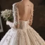 Charming Champagne Handmade  Bridal Wedding Dresses 2021 Ball Gown See-through Scoop Neck Long Sleeve Backless Appliques Lace Beading Glitter Tulle Cathedral Train Ruffle