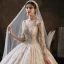 Charming Champagne Handmade  Bridal Wedding Dresses 2021 Ball Gown See-through Scoop Neck Long Sleeve Backless Appliques Lace Beading Glitter Tulle Cathedral Train Ruffle