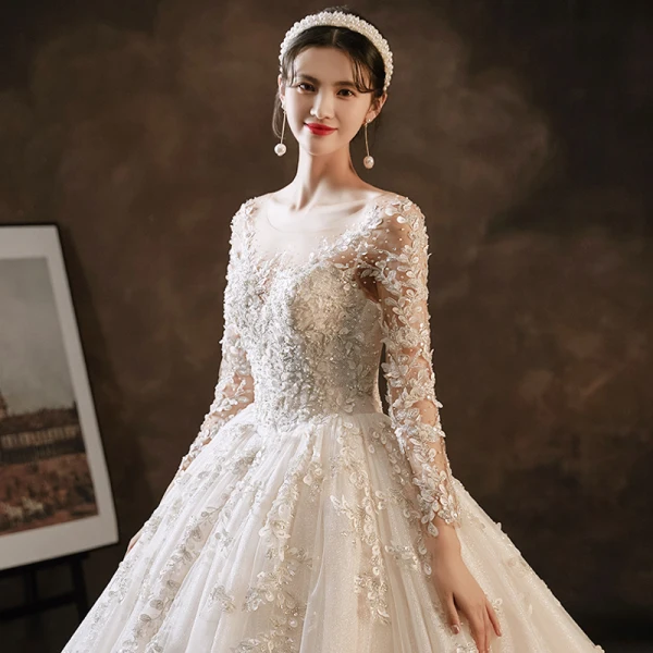 Charming Champagne Handmade  Bridal Wedding Dresses 2021 Ball Gown See-through Scoop Neck Long Sleeve Backless Appliques Lace Beading Glitter Tulle Cathedral Train Ruffle
