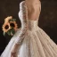 Charming Champagne Handmade  Bridal Wedding Dresses 2021 Ball Gown See-through Scoop Neck Long Sleeve Backless Appliques Lace Beading Glitter Tulle Cathedral Train Ruffle