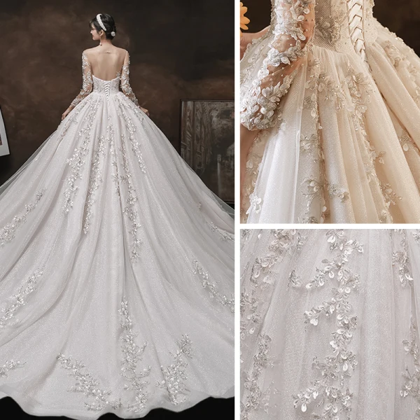 Charming Champagne Handmade  Bridal Wedding Dresses 2021 Ball Gown See-through Scoop Neck Long Sleeve Backless Appliques Lace Beading Glitter Tulle Cathedral Train Ruffle