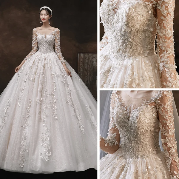 Charming Champagne Handmade  Bridal Wedding Dresses 2021 Ball Gown See-through Scoop Neck Long Sleeve Backless Appliques Lace Beading Glitter Tulle Cathedral Train Ruffle