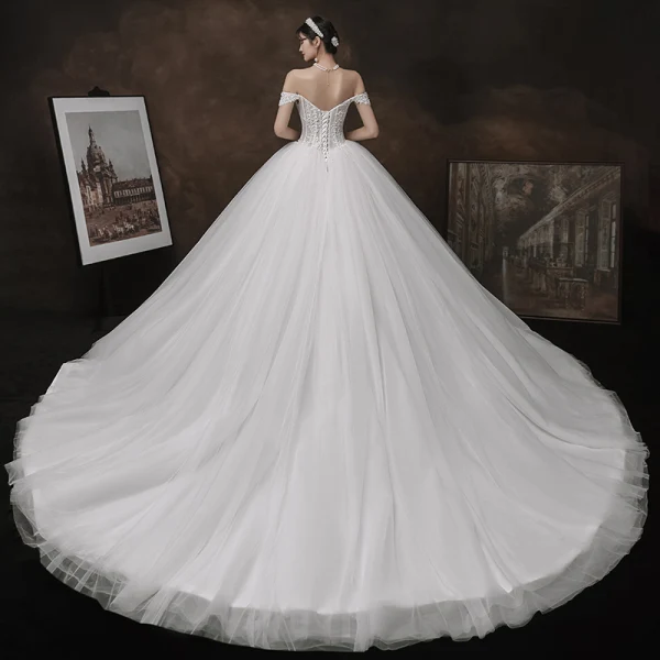 Luxury / Gorgeous White Bridal Wedding Dresses 2021 Ball Gown Off-The-Shoulder Short Sleeve Backless Appliques Lace Handmade  Beading Pearl Cathedral Train Ruffle