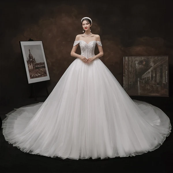 Luxury / Gorgeous White Bridal Wedding Dresses 2021 Ball Gown Off-The-Shoulder Short Sleeve Backless Appliques Lace Handmade  Beading Pearl Cathedral Train Ruffle